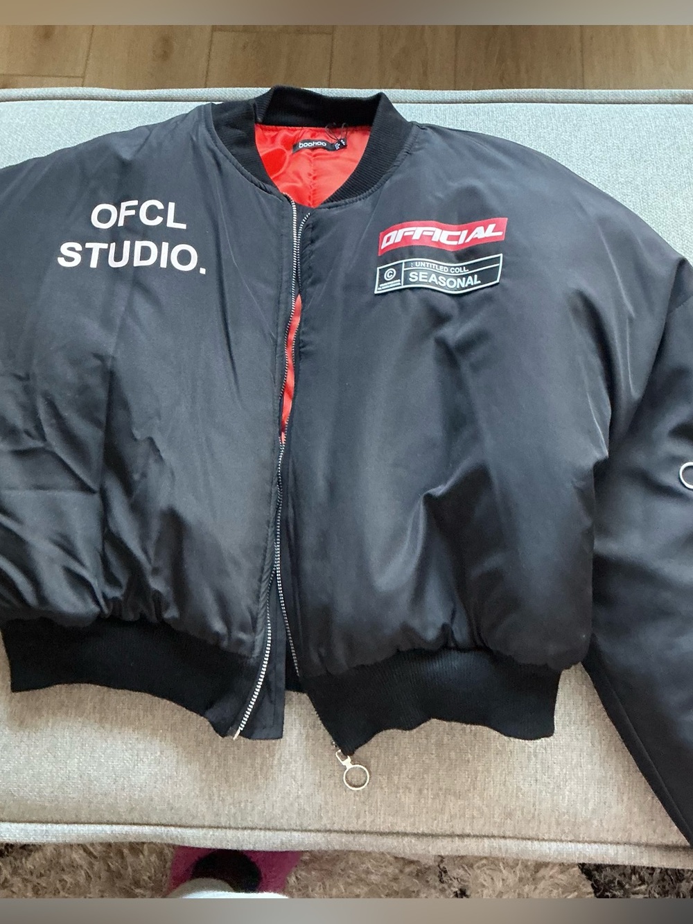 Boohoo Black Bomber Jacket with Red Lining and Logo Patches
